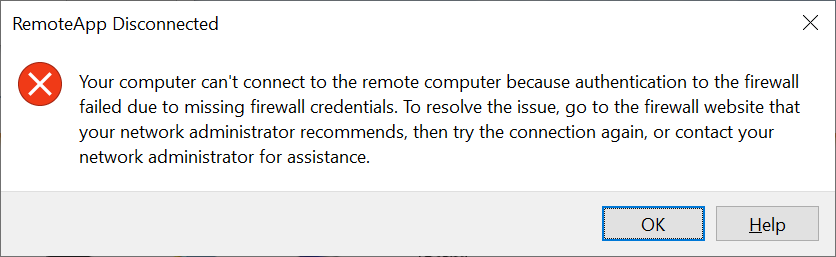 Error message trying to connect to a published remote app